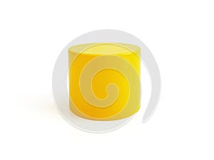 Plastic bottle cap isolated. Front view of yellow plastic plug. Yellow cap isolated on white background. Cap for bottle and