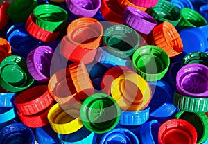 Plastic bottle caps background. Cap material is recyclable.Remove lids from plastic bottles before recycling them. Recycling photo