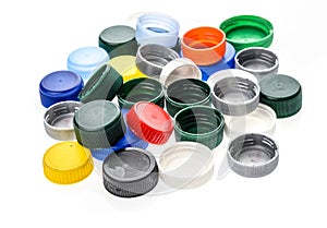 Plastic bottle caps in different colours.