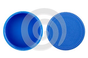 Plastic bottle caps isolated against a white background. of blue