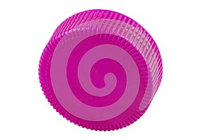 Plastic bottle caps of pink color isolated against a white background