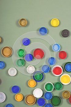 Plastic bottle caps for recycling. Top view.