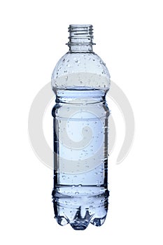 Plastic bottle filled with water with water droplets isolated on white background