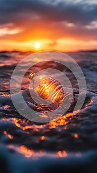 plastic bottle floating in ocean at sunset, environmental pollution concept