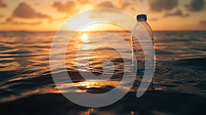 Plastic bottle floating in ocean at sunset with golden clouds. Environmental pollution and conservation concept