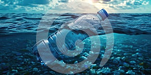 Plastic bottle floating in water. Plastic pollution concept.