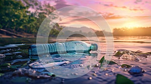 The Plastic Bottle in Water. AI generated photo
