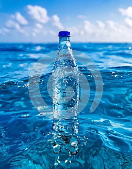 Plastic bottle floating in ocean, environmental pollution concept