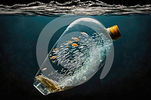 plastic bottle with garbage floating in the ocean, creating a visual of pollution