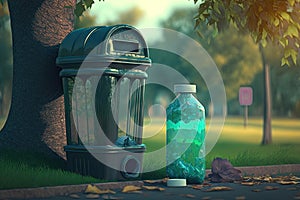 plastic bottle with garbage inside, next to bin and bag in the park