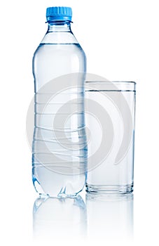 Plastic bottle and glass of drinking water isolated on white background