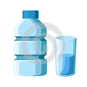 Plastic bottle and glass of water. Flat vector illustration. Isolated on white background