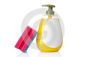 Plastic bottle liquid soap and sponge on a white background