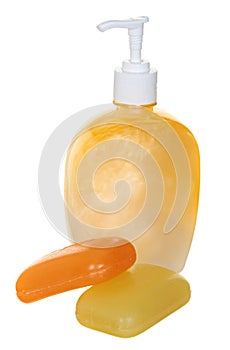 Plastic Bottle with liquid soap on white photo