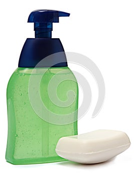 Plastic Bottle with liquid soap on white photo