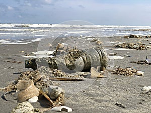 Plastic bottle lying on the beach near the sea.
