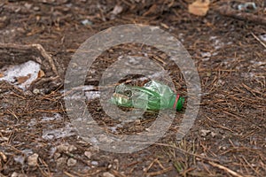 plastic bottle lying on the ground in the forest