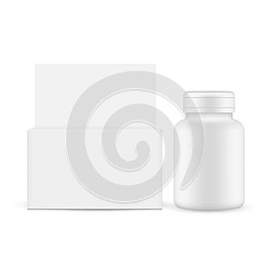 Plastic bottle for medicines with paper box, front view