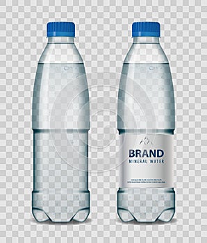 Plastic bottle with mineral water with blue cap on transparent background. Realistic bottle mockup vector illustration.