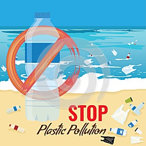 Plastic bottle mockup with no sign. Pollution of ocean, sea or beach concept. Vector Illustration.