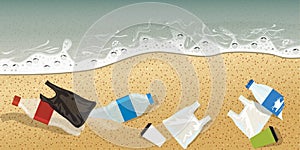 Plastic bottle and other plastics on seashore pollution concept advertisement template composition. Vector Illustration.