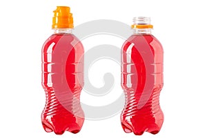 Plastic bottle of red sweet water isolated on white background. File contains clipping path