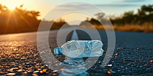 Plastic bottle on the road at sunset. Concept of environmental pollution.