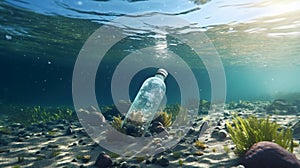 Plastic bottle on the seabed underwater with AI generated.
