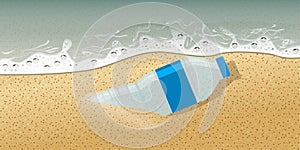 Plastic bottle on seashore no plastic and pollution concept advertisement template composition. Vector Illustration.