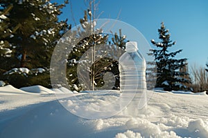 plastic bottle on snow near pine trees, clear winter sky