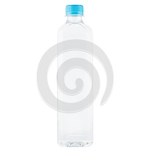 Plastic bottle for water wiht blue cap isolated on white
