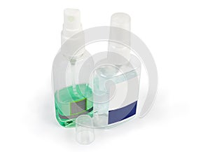 Plastic bottles of antiseptics on a white background