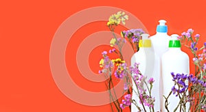 Plastic Bottles on apricot crush background with dried flower kermek. Ecological detergents for cleaning. Product mockup