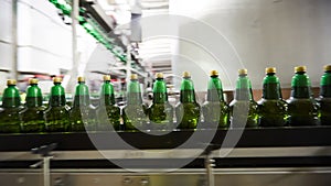 Plastic bottles for beer or carbonated beverage moving on conveyor. Shallow DOF. Selective focus.