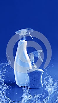 Plastic bottles with cleaning products and sponge on blue water drops background. Mockup,  place for your label