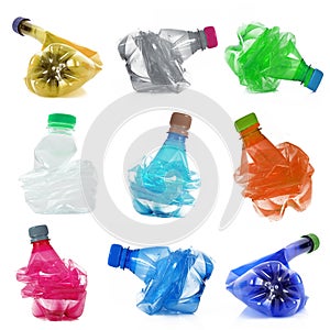 Plastic bottles collage in white background