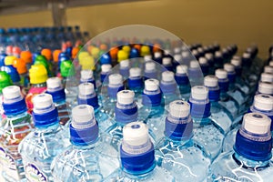 Plastic bottles, colorful caps.