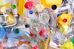 Plastic bottles and containers prepared for recycling