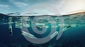 Plastic bottles floating in the ocean polluting the environment