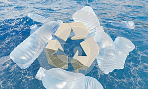 Plastic bottles floating on the sea with cork recycling symbol