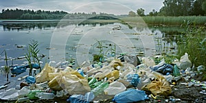 Plastic, bottles, glass polluted lake or river water in forest, dirty, ecological