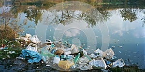 Plastic, bottles, glass polluted lake or river water in forest, dirty, ecological