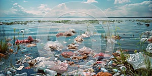 Plastic, bottles, glass polluted lake or river water in forest, dirty, ecological