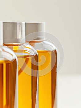 Plastic bottles with golden liquid as shampoo or balm spa care.