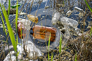 Plastic bottles in the lake. Environmental pollution. Ecological catastrophy.