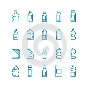 Plastic bottles line vector icons set