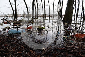 Plastic bottles and many other garbage lies on the shore of the lake