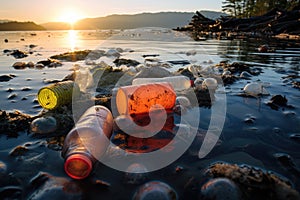 Plastic Bottles and Microplastic Waste Floating in a Lake Near the Shore Beach Environmental Landscape