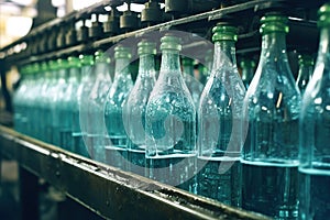 Plastic bottles of mineral water on an assembly line in a bottling factory.