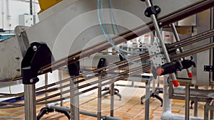 Plastic bottles move on the conveyor belt at the plant.